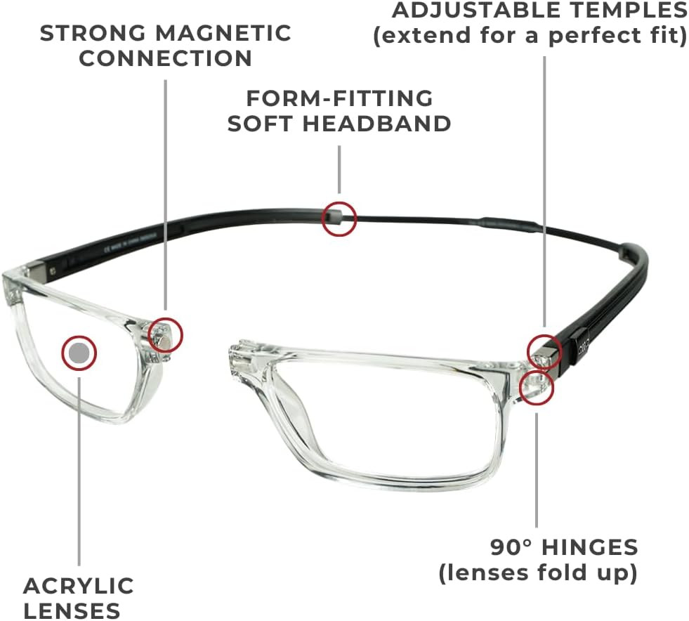 Clic Lentes de lectura magnéticos, lectores de computadora, lentes reemplazables, patillas ajustables, tubo ejecutivo (gris claro, aumento de 1.25)