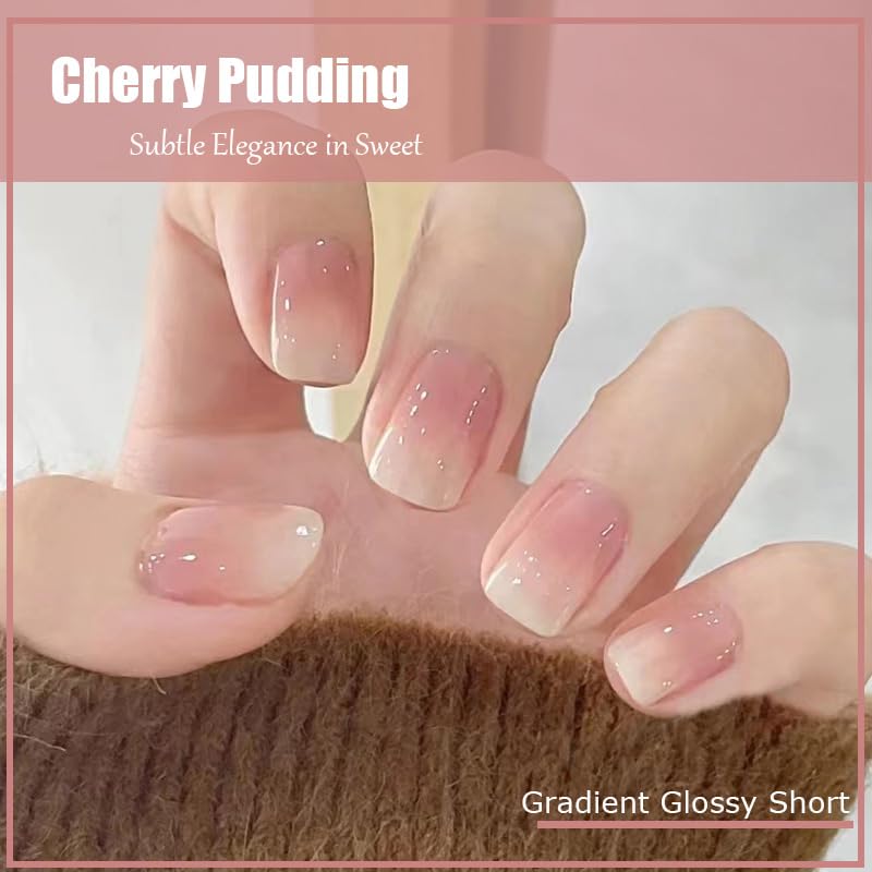 KemyFei – Uñas postizas a presión degradadas brillantes, uñas postizas minimalistas con pegamento de gelatina, reutilizables, 24 unidades, cobertura