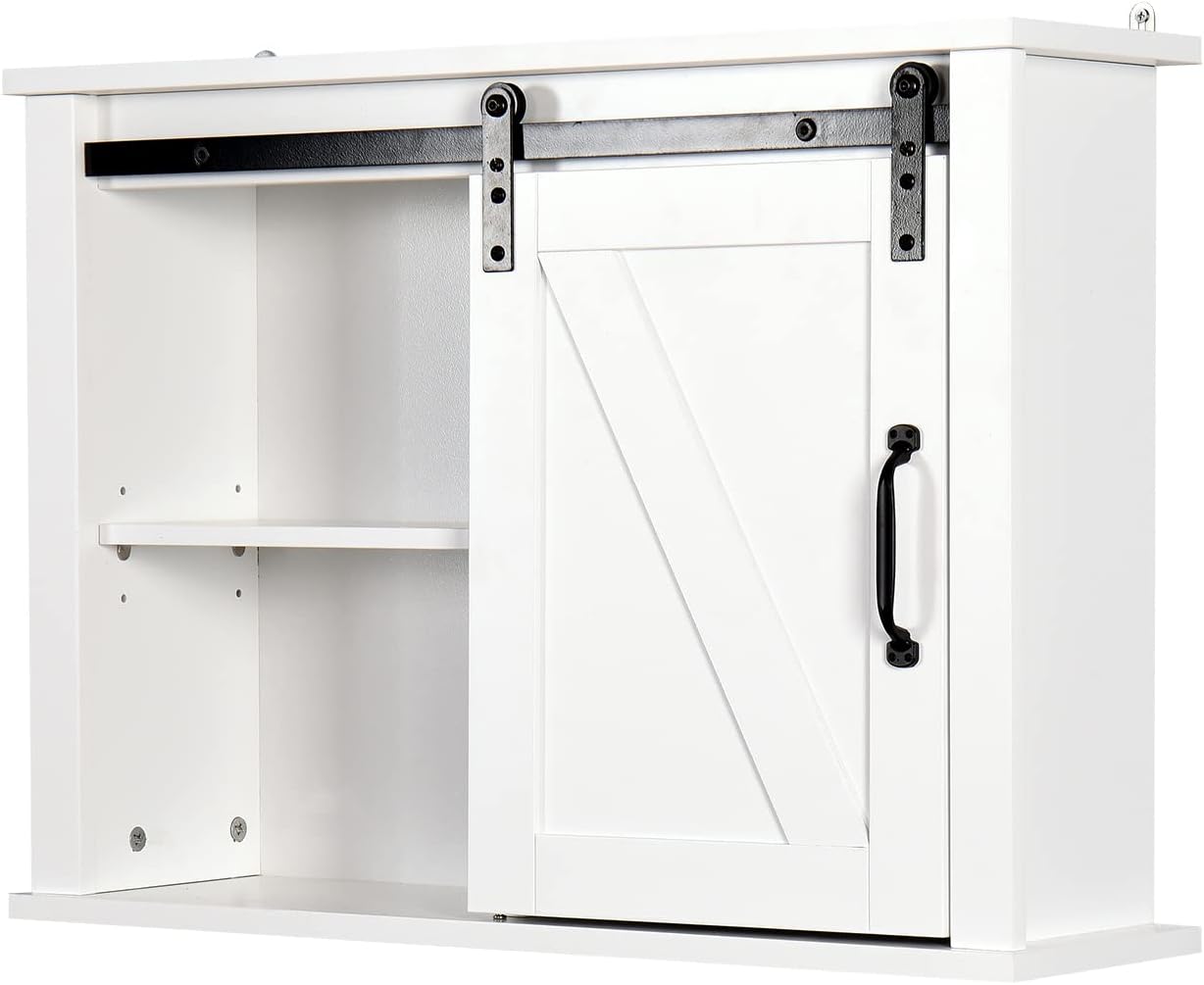 Armario de almacenamiento de pared con puerta de granero y 2 estantes ajustables en el interior, gabinete flotante de madera LERFAN moderno, 27.16 x