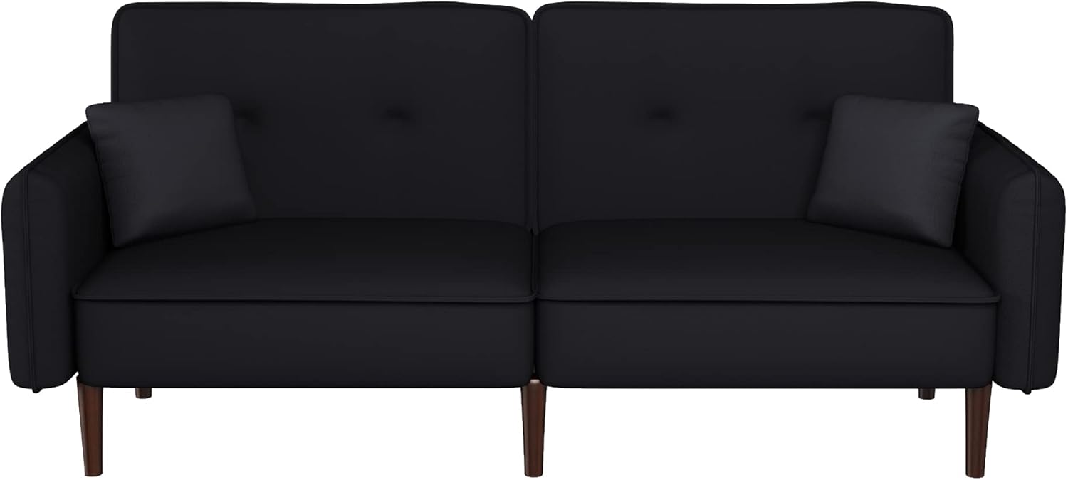 Sofá biplaza tipo futón, sofá cama convertible con bolsa para revistas, patas de madera maciza en tela negra para sala de estar, dormitorio,