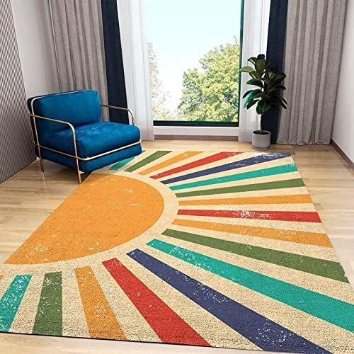 Alfombra vintage bohemia con diseño de arco iris, rayas geométricas medievales, lavables a máquina, con antideslizante, fácil de limpiar, para sala