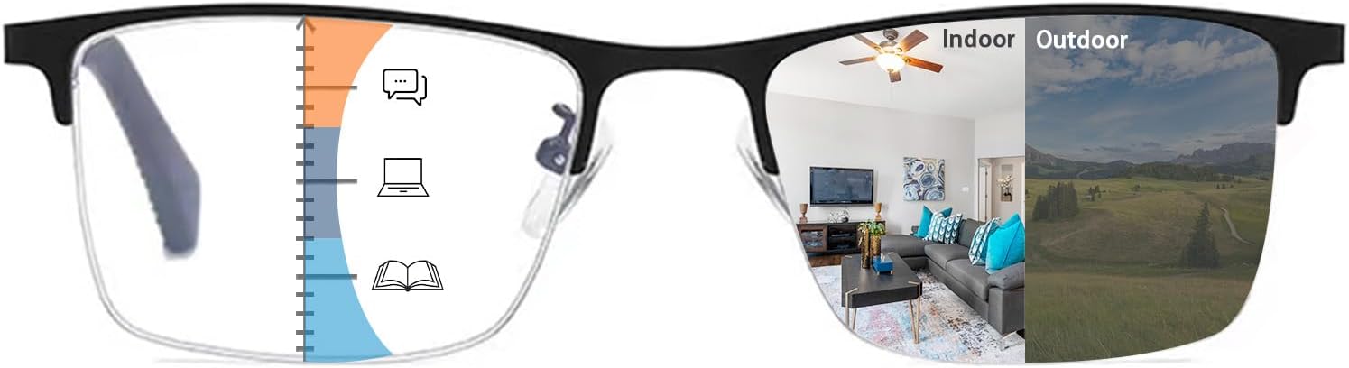 K.LAVER Gafas de lectura fotocrómicas progresivas duraderas de Multifocus para hombres Lector multifocal de transición de luz azul