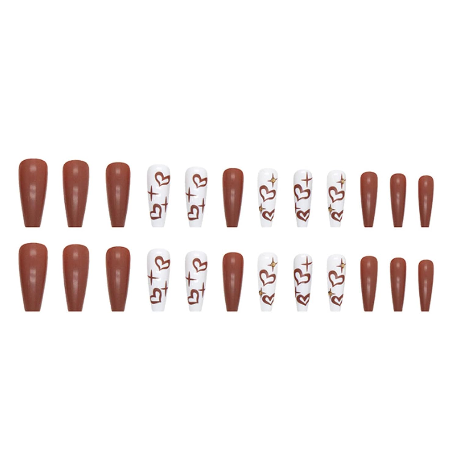 Uñas postizas largas a presión tipo ataúd de cobertura completa, uñas postizas acrílicas para mujeres (uñas de corazón marrón fino)