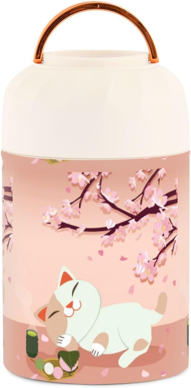 Maneki Neko Japan Lucky Cat Festival – Tarro de comida con cuchara de acero inoxidable aislado al vacío, contenedor de alimentos de 17 onzas para