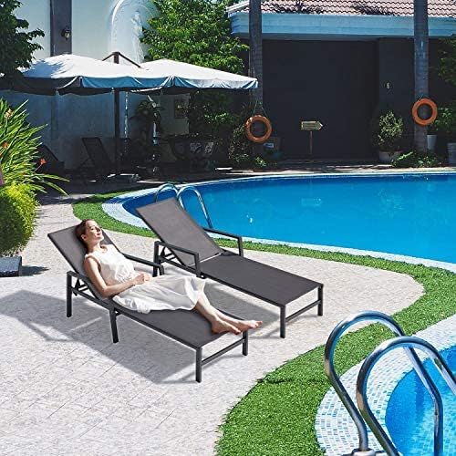 Juego de 2 sillas de patio al aire libre, tumbona de aluminio para exteriores con 5 posiciones de respaldo ajustables, tumbonas de patio al aire