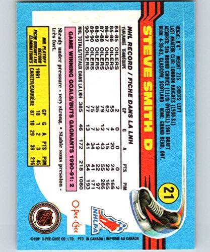 1991-92 O-Pee-Chee Hockey #21 Steve Smith Edmonton Oilers Official NHL Trading Card Produced By Topps