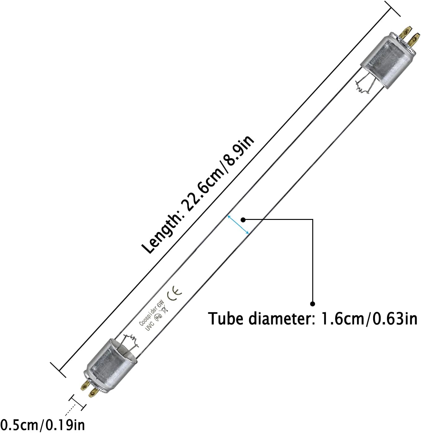 COOSPIDER UV 2 paquetes de 6 vatios de repuesto UVC bombilla UV lámpara desinfectante 253.7nm longitud de onda para armariogabinetebaño, base F6T5