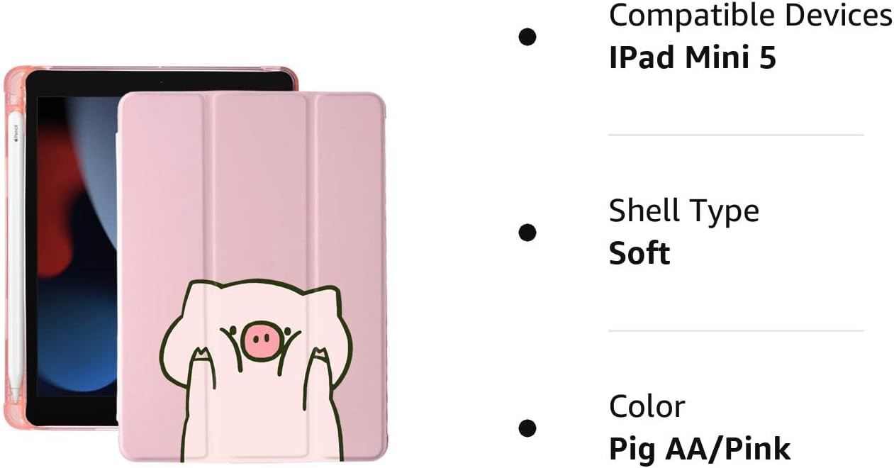 Lindo cerdo de dibujos animados para iPad Mini 5 con soporte para lápiz, apagado automáticoactivación, cubierta trasera de TPU suave de cuero rosa
