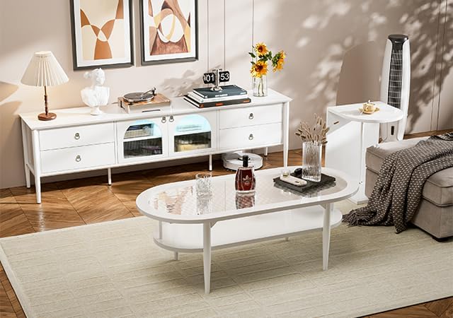 IKIFLY Juego de mesa de centro de cristal, mesa de té de café blanca con mesa de vidrio Changhong y mesa auxiliar para sala de estar comedor