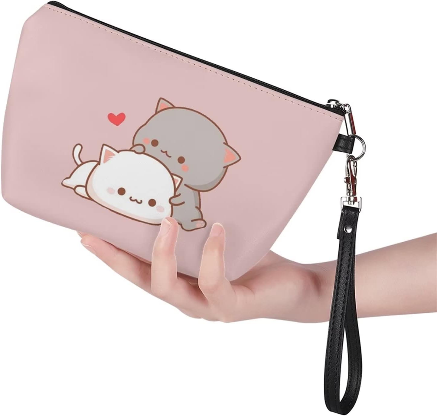 HELLHERO Bolsa de cosméticos pequeña para mujer y niña, bolsas de maquillaje de cuero de viaje, Gato de fresa