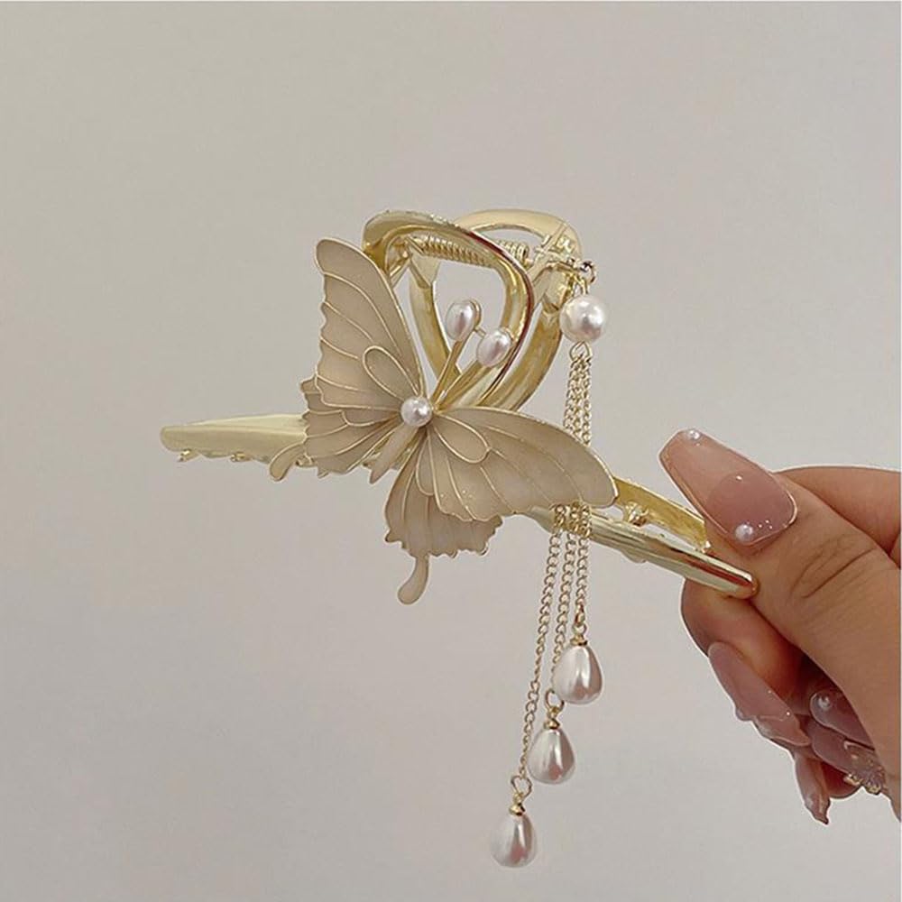 Yongilan Clip de mariposa, 1 pieza de clip de garra de metal de mariposa, horquilla antideslizante de moda, horquilla de mariposa con borla,