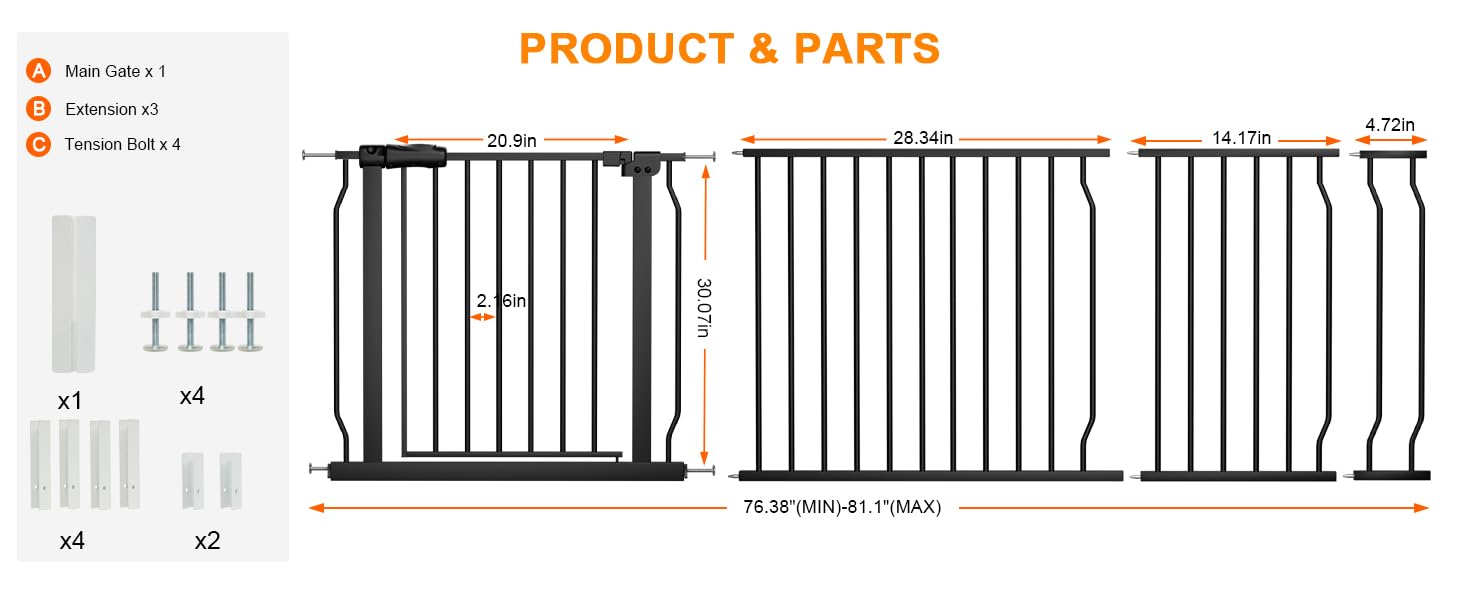 Puerta extra ancha para bebé, puertas extra anchas para perros, para escaleras, puertas, puertas de seguridad de metal negro, con montaje a presión,