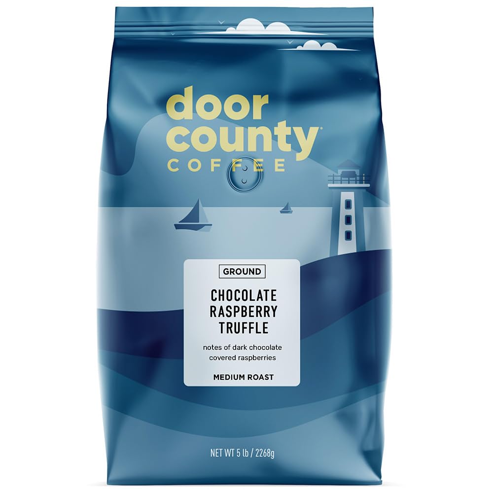 Door County Coffee – Café molido con sabor a trufa de chocolate y frambuesa, tostado medio, bolsa de 5 libras