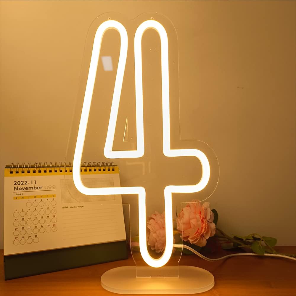 Letrero de neón con el número 4 para cumpleaños, boda, fiesta, decoración de pared, luz LED cálida, con número USB, regulable, 8.5 x 15 pulgadas
