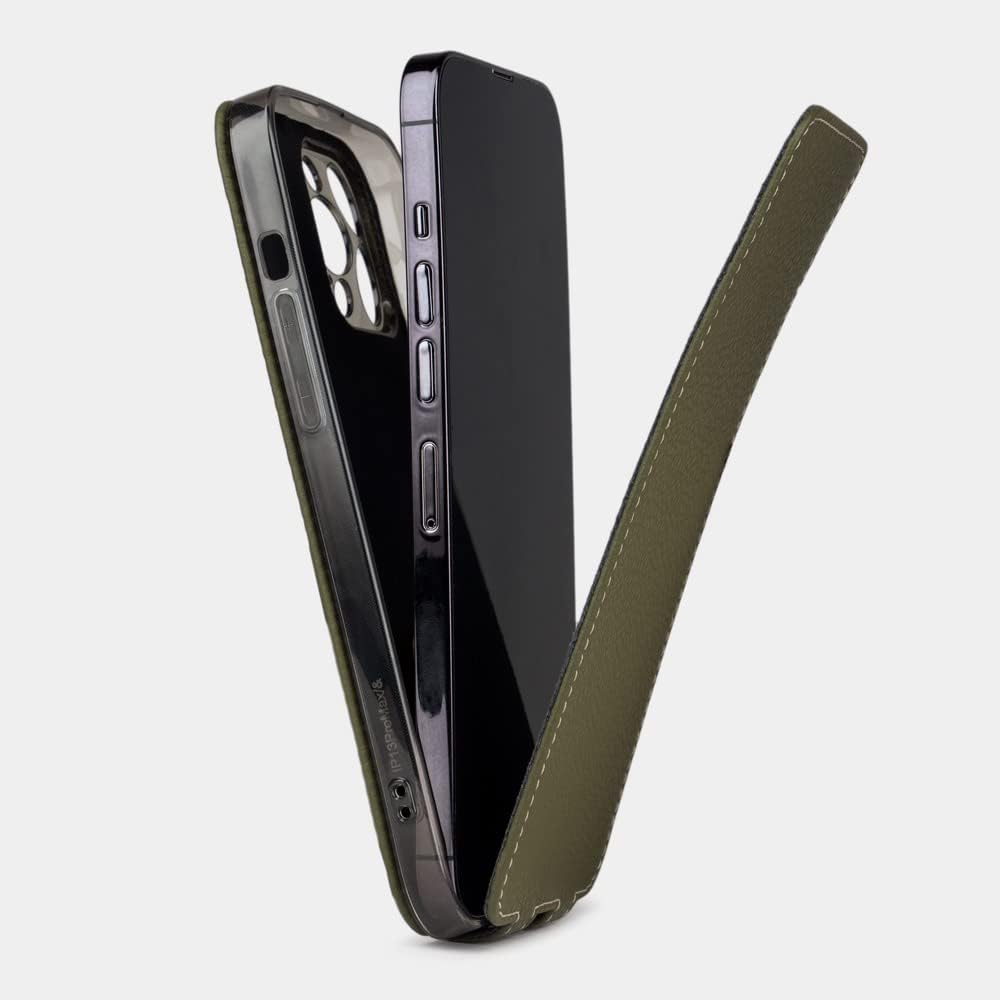 Funda de piel protectora para iPhone 14 Pro Max – Modelo patentado – Ultra fina – Fabricada en Francia con piel natural – Verde