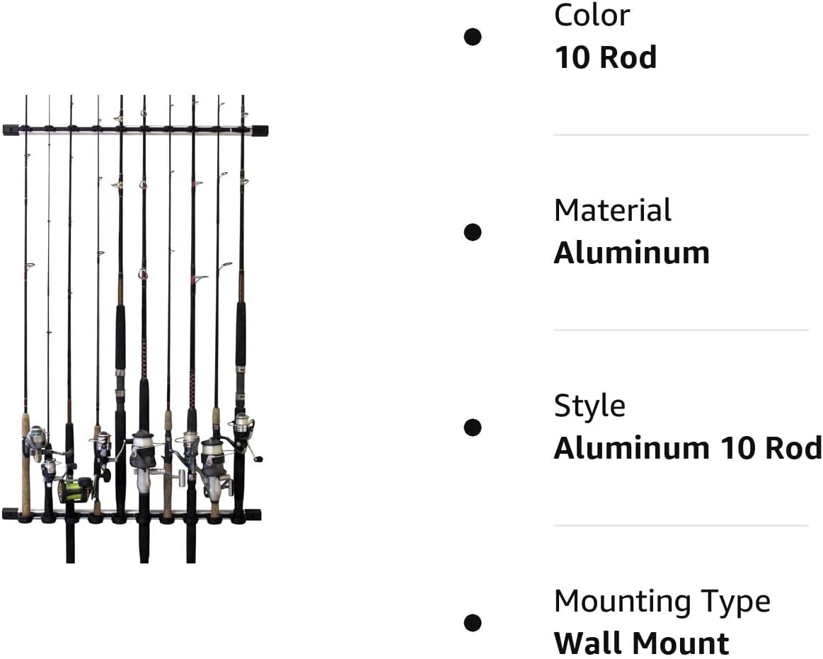 Rush Creek Creations Estante de almacenamiento de caña de pescar de pared o techo para 10 cañas, soporte vertical u horizontal para caña de pescar