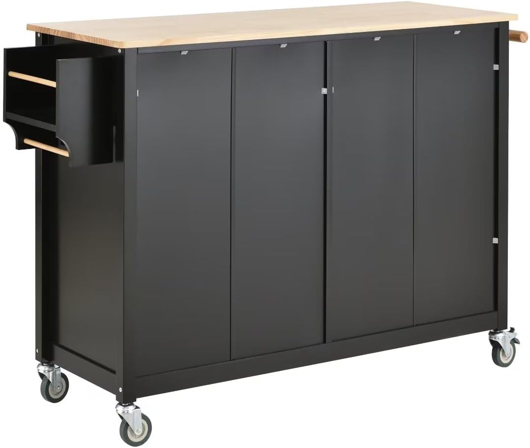 Ayvbir Carrito de isla de cocina rodante de 54.3 pulgadas con ruedas con parte superior de madera maciza y ruedas de bloqueo, armario de 4 puertas y