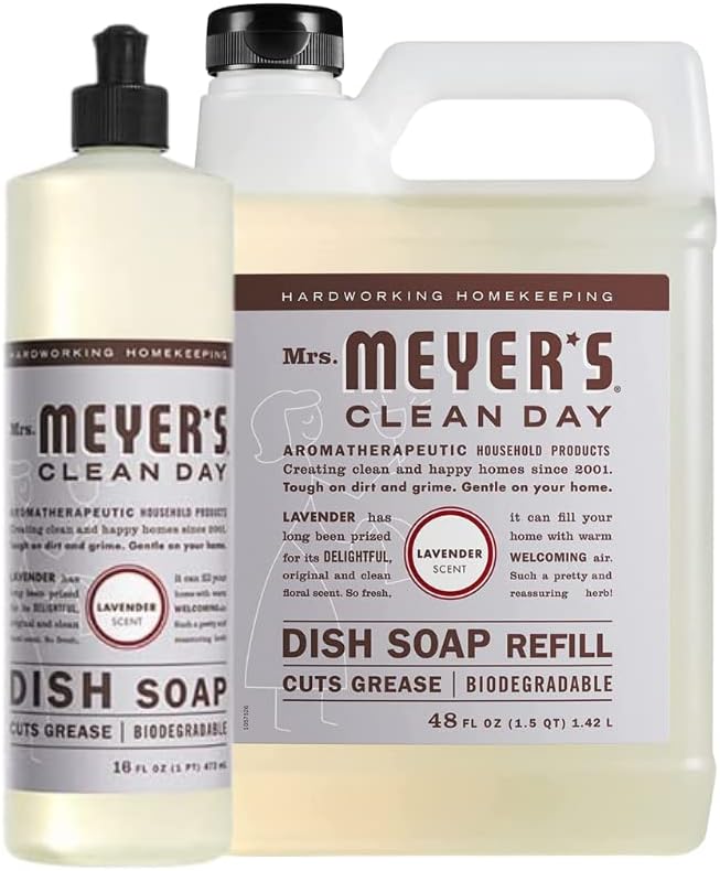 Mrs. Meyer’s – Paquete surtido de 1 detergente líquido para platos y 1 repuesto, aroma a lavanda, 48floz