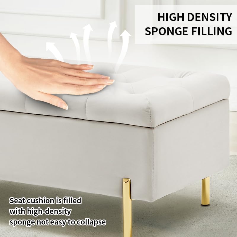 TUOMUR 45 Inch Velvet Storage Bench Upholstered Tufted Settee Ottoman Bench with Storage, Bed End Bench with Soft Close Lid, for Bedroom, Living