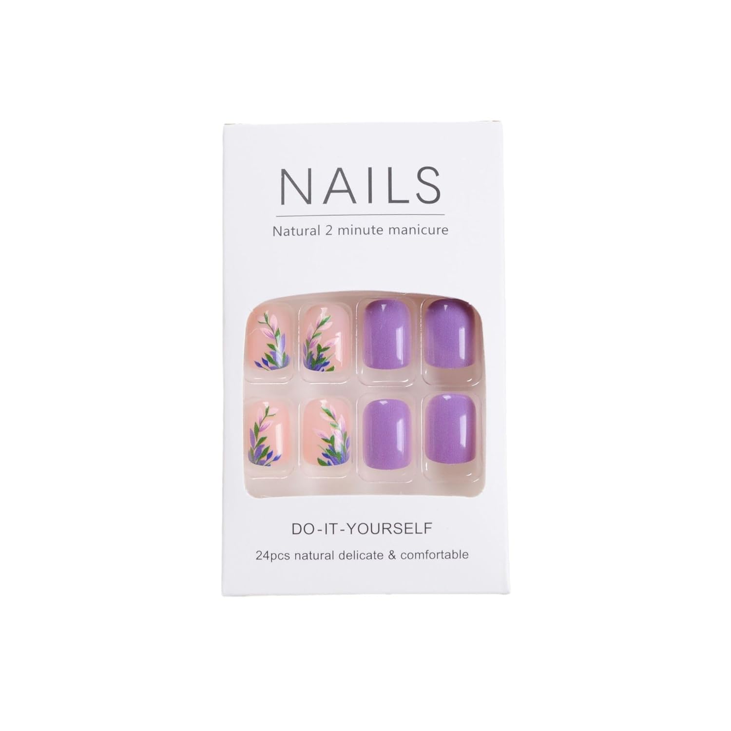 Uñas postizas cortas cuadradas a presión, elegantes puntas de uñas postizas moradas con diseños de hojas, uñas acrílicas, cobertura completa,