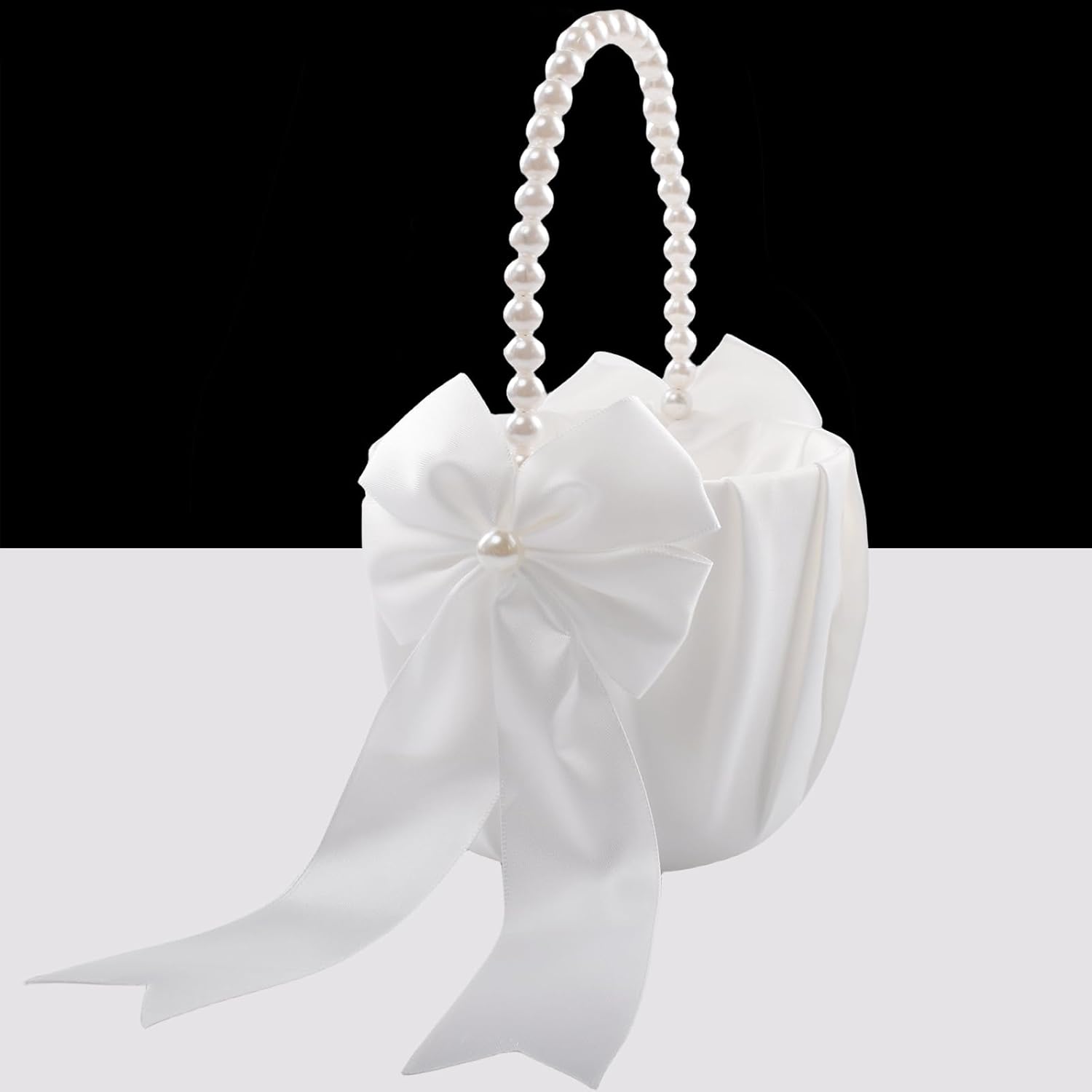 Cesta de niña de las flores para boda con mango de perlas (marfil – lazo)