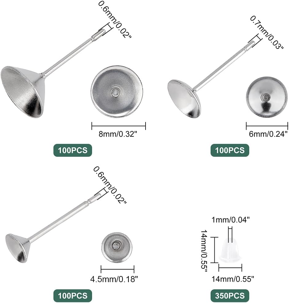 DICOSMETIC 300 aretes de 3 tamaños, 3 tamaños, diamantes de imitación de acero inoxidable, cabujones, aretes de tuerca en blanco con 350 tuercas de