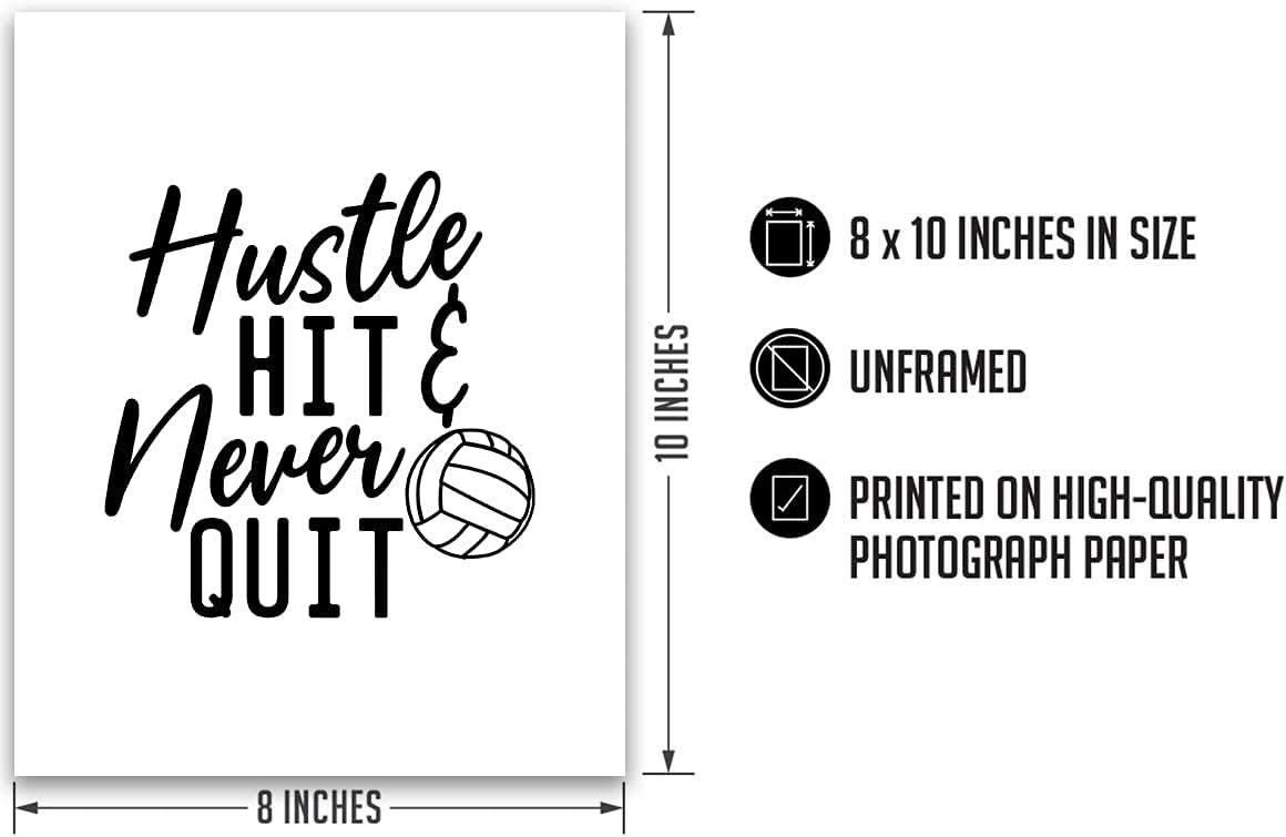 Hustle Hit & Never Quit – Arte de pared con cita motivacional de voleibol con un fondo blanco, obra de arte sin marco impresa en papel fotográfico