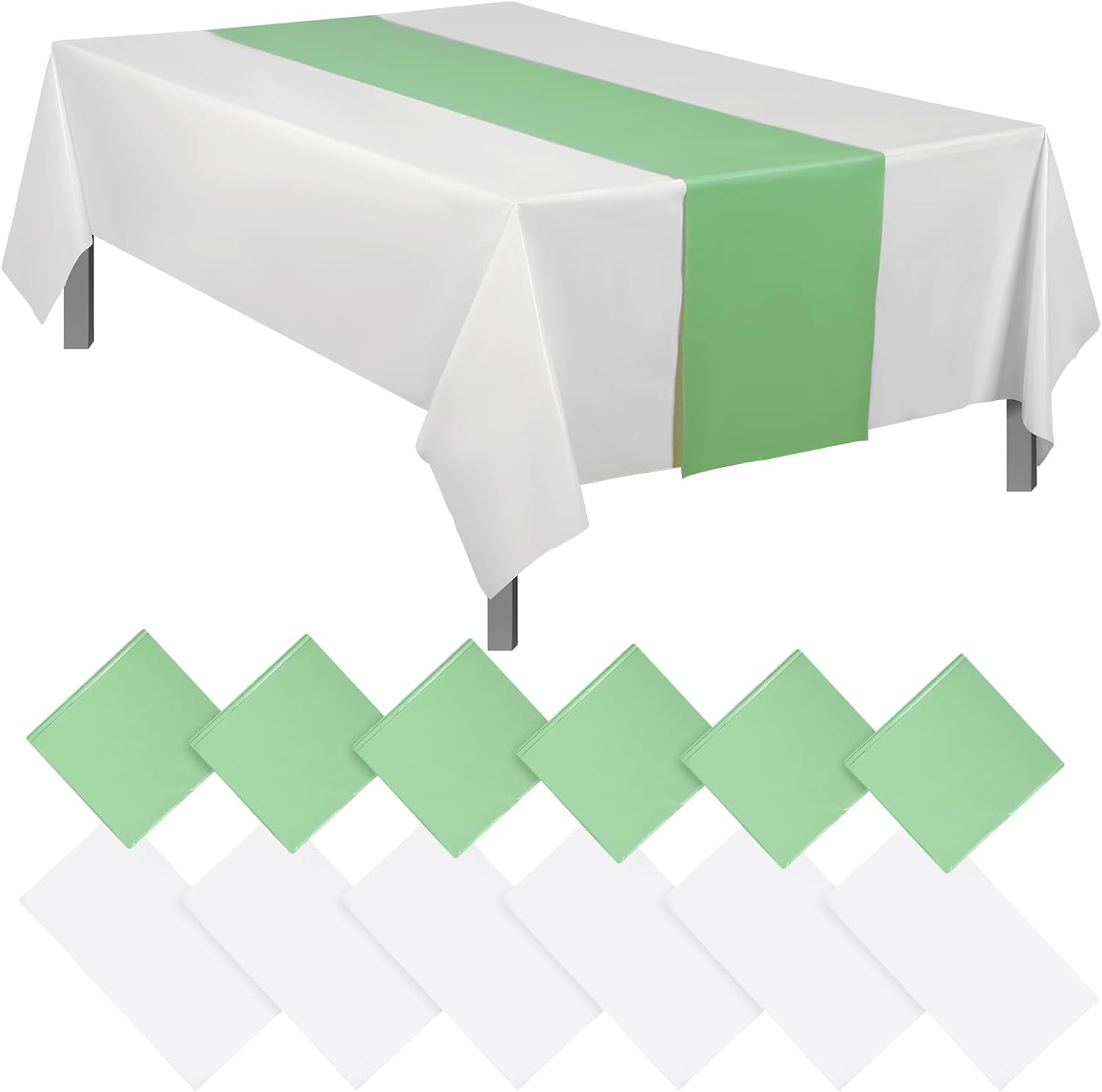 Juego de 12 manteles y caminos de mesa de plástico desechables, manteles rectangulares de 54 x 108 pulgadas y camino de mesa de plástico verde