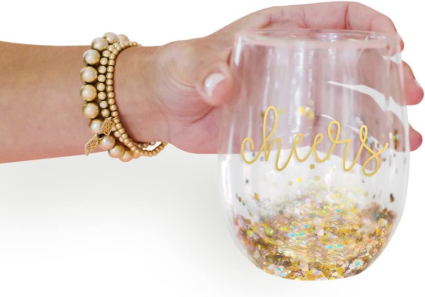 Cheers Gold Foil Confetti – Vaso de vino acrílico sin tallo, 14 onzas