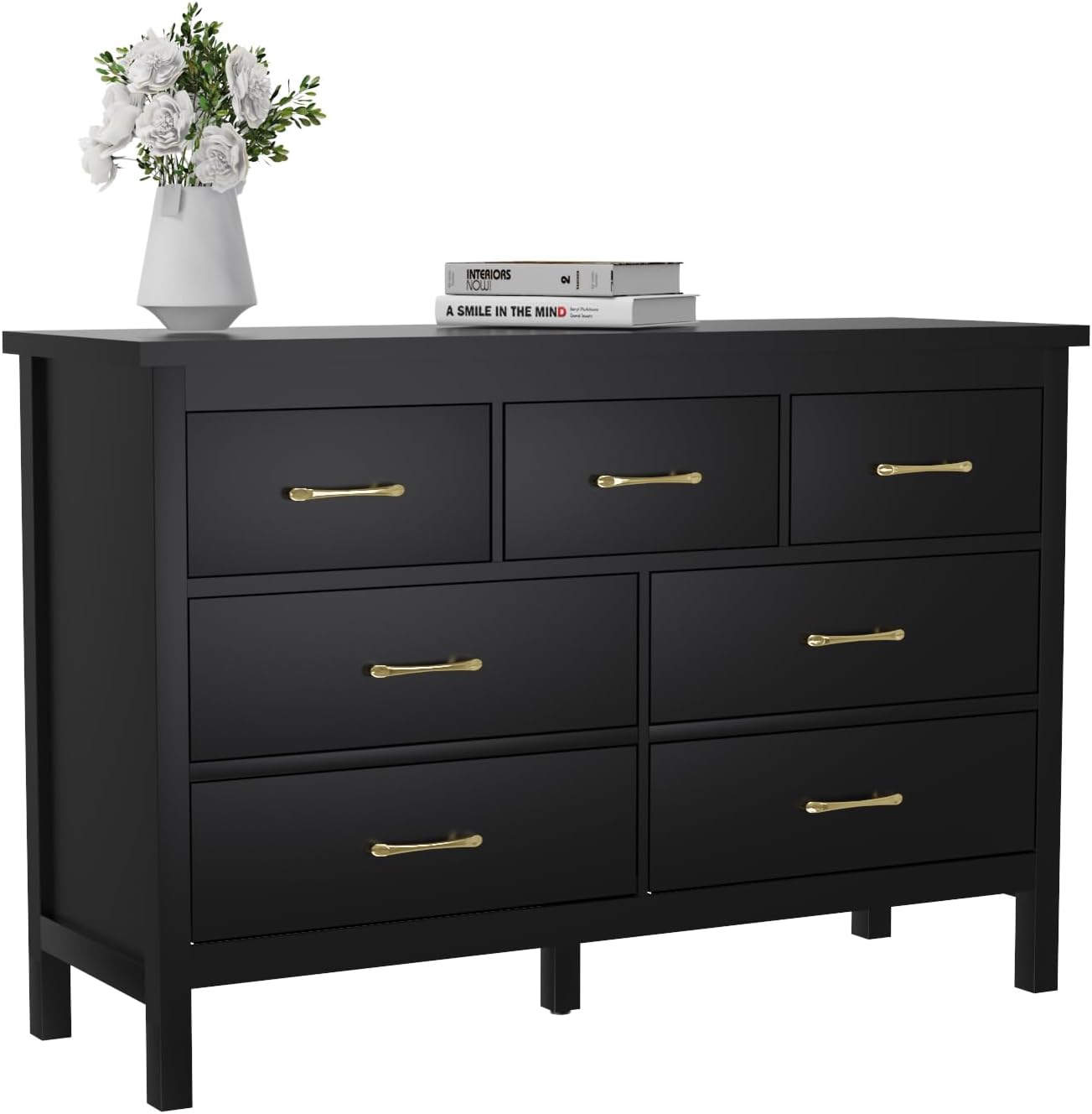 Cómoda negra, cómoda de 7 cajones con asas de metal doradas, baúl de almacenamiento de madera, cómoda moderna para dormitorio
