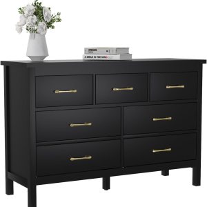 Cómoda negra, cómoda de 7 cajones con asas de metal doradas, baúl de almacenamiento de madera, cómoda moderna para dormitorio Cómoda negra, cómoda de 7 cajones con asas de metal doradas, baúl de almacenamiento de madera, cómoda moderna para dormitorio
