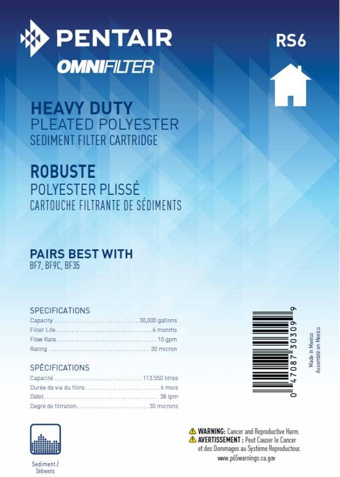 Pentair OMNIFilter RS6 Filtro de agua de sedimentos, 10 pulgadas, cartucho de repuesto plisado resistente para toda la casa, 10 x 4.5 pulgadas