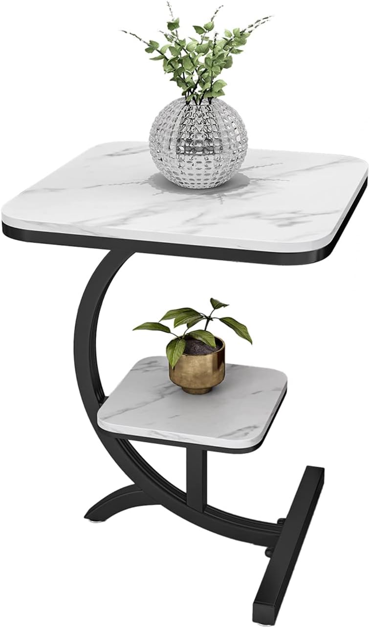 Mesa auxiliar de sofá de mármol de lujo de 2 niveles para sala de estar, sofá, mesa auxiliar, mesita de noche (blanco + negro)