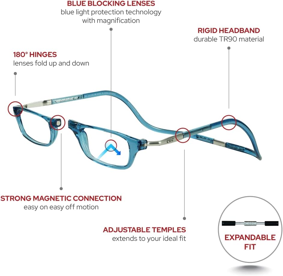 Clic Lentes de lectura magnéticos con bloqueo de luz azul, lectores de computadora con patillas ajustables, expandibles originales (M-XL)