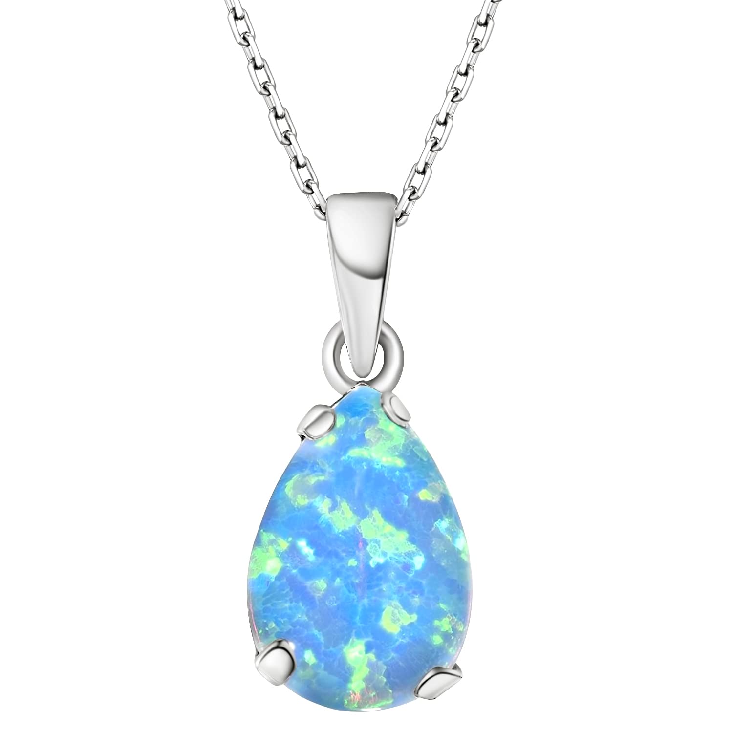925 Sterling Silver Blue Opal Necklace – Dainty Teardrop Pendant, 7x10mm October Birthstone Opal Gemstone – Handmade Bridal Wedding Jewelry for