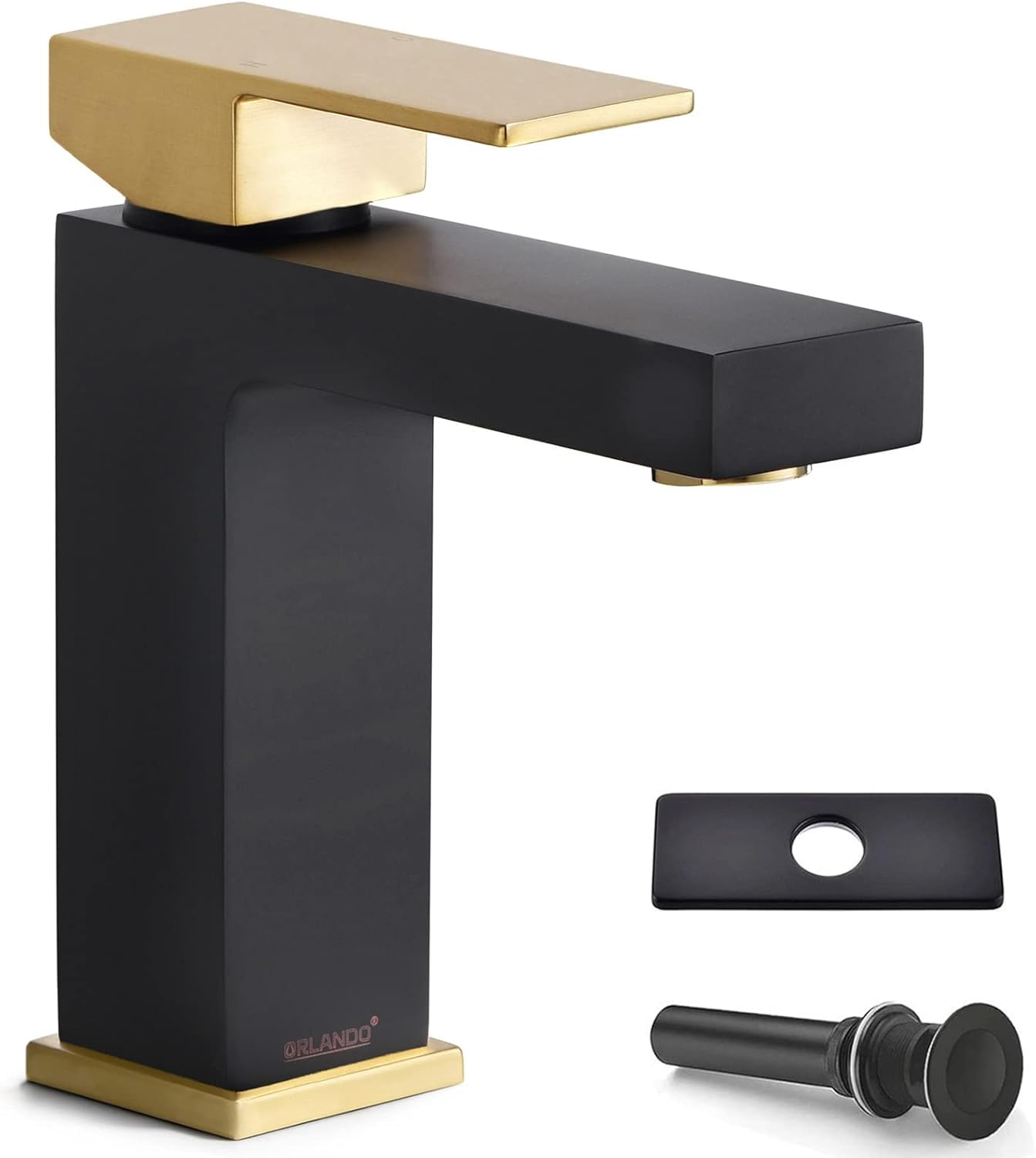 ORLANDO Grifo de baño negro y dorado de un solo agujero, grifo de lavabo de baño de una sola manija para fregadero de baño, grifo de baño de latón