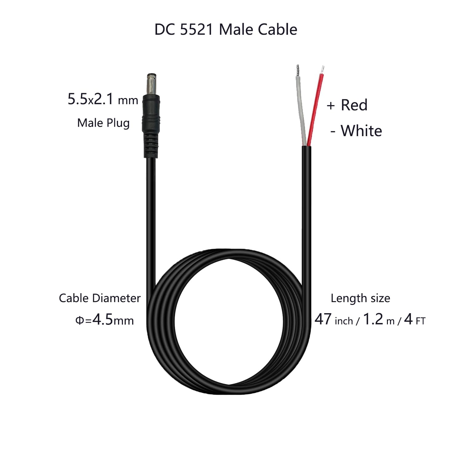 Cable de reparación de cable de alimentación de extremo abierto, enchufe macho de 0.217 in x 0.083 in, conector de barril de 18 AWG para cámara