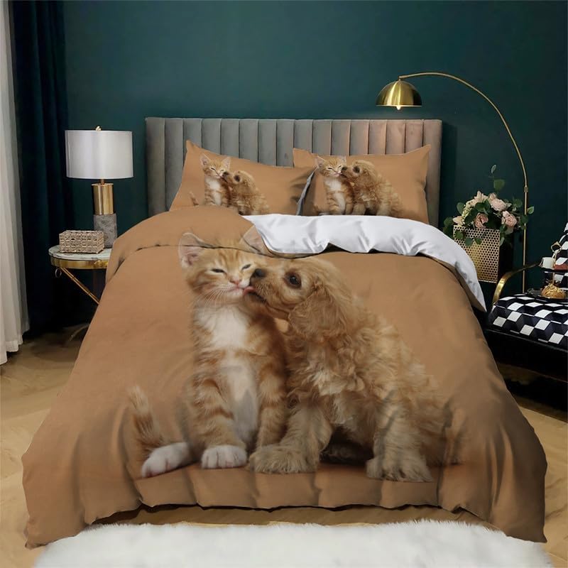Juego de funda de edredón tamaño individual con estampado de animales y gato naranja, funda de edredón de microfibra suave y 2 fundas de almohada de
