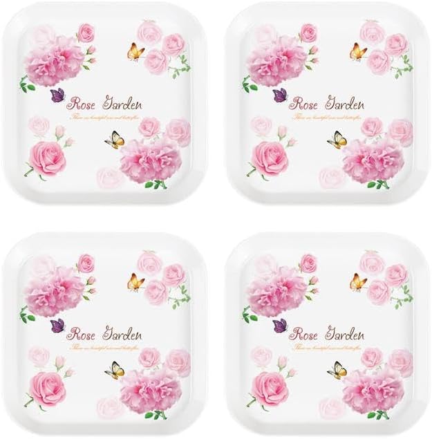 Juego de 4 platos cuadrados de melamina para servir alimentos, platos de ensalada de postre de 5.9 pulgadas, platos de aperitivos, diseño de peonía
