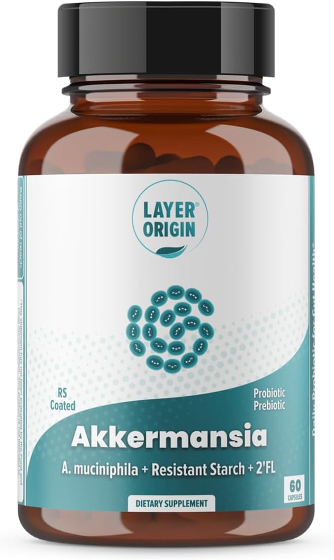Layer Origin Akkermansia Muciniphila Probiótico con PureHMO Oligosacáridos de leche humana prebiótico para GLP, metabolismo, 60 cápsulas, suministro