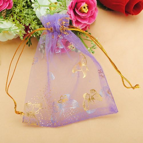 100 bolsas de organza con cordón de mariposa púrpura para pestañas, bolsas de regalo de fiesta, boda, 3.8 x 4.7 pulgadas