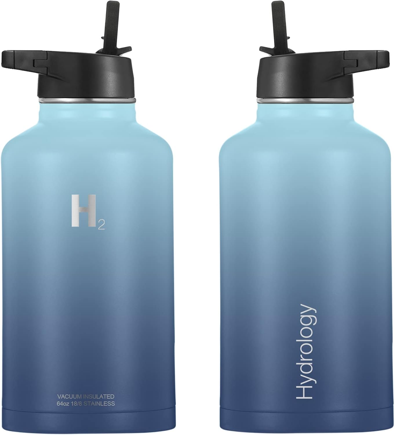 H2 Hydrology – Botella de agua deportiva de 18, 22, 32, 40 o 64 onzas con 3 tapas, termo de acero inoxidable de doble pared con aislamiento al vacío