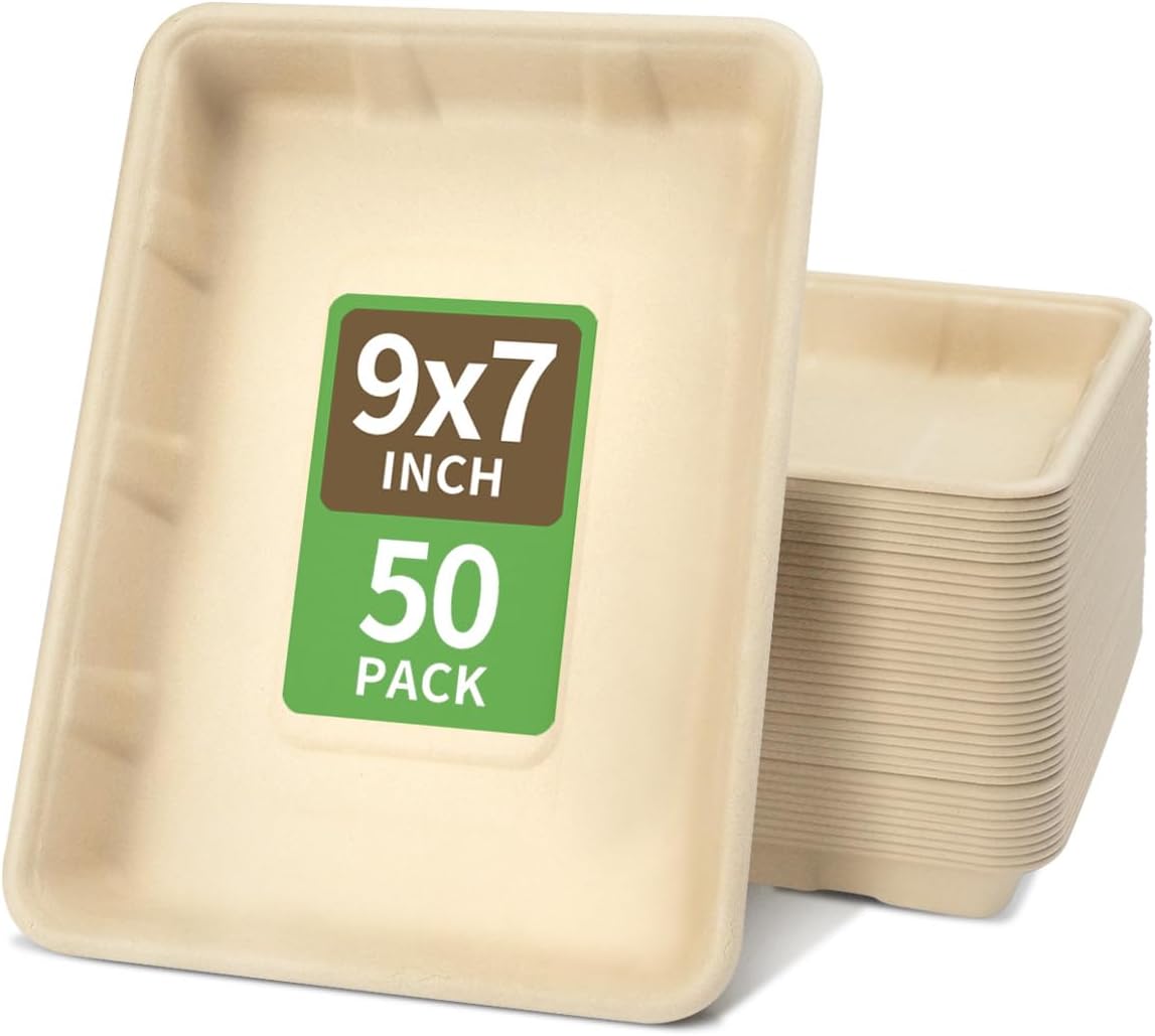 Paquete de 50 platos de papel rectangulares de 9 x 7 pulgadas de profundidad, platos de pulpa de bambú compostables para tacos, perritos calientes,