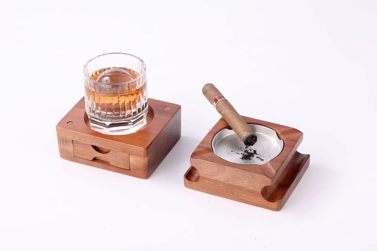 Cenicero de cigarros de regalo Cenicero de madera con bandeja de vidrio para whisky, bandeja de ceniza de madera, forro interior de acero inoxidable