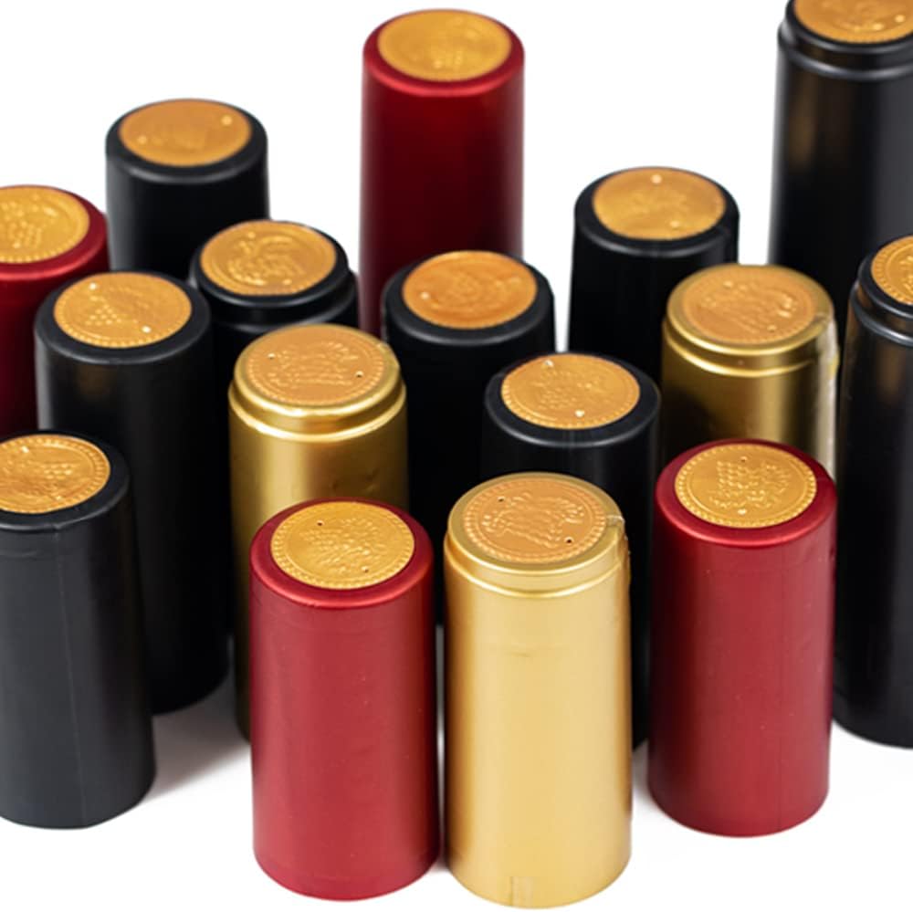 Paquete de 200 tapones para botellas de vino y cápsulas termorretráctiles de PVC, 100 corchos de vino naturales y 100 sellos de 3 colores (rojo,