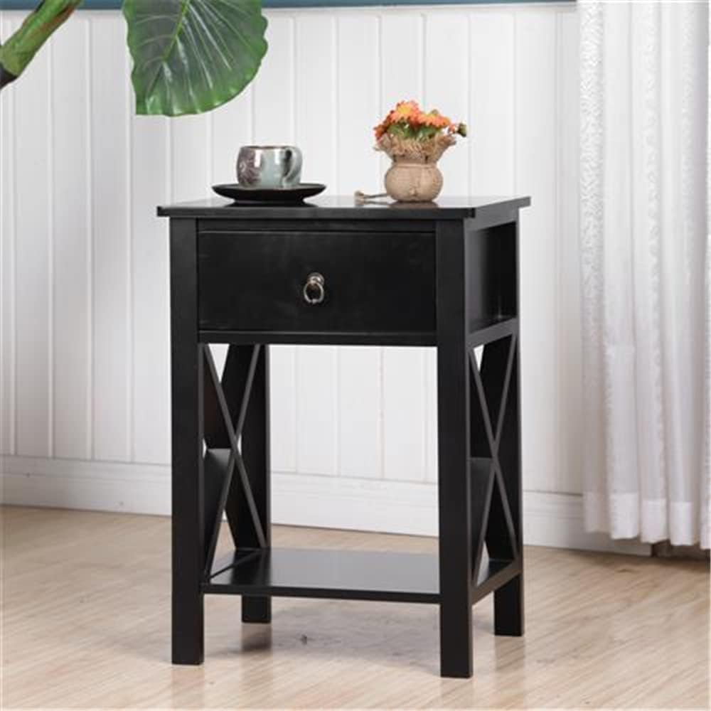 Mesita de noche negra con cajón y 1 estante de almacenamiento, mesa auxiliar pequeña, mesita de noche de madera moderna con 1 cajón y