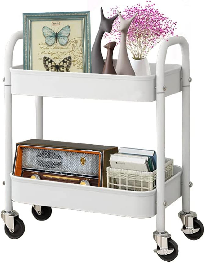 Melody House Carrito de almacenamiento de 2 niveles totalmente metálico, carrito de almacenamiento con asa y ruedas de bloqueo, carrito de cocina,