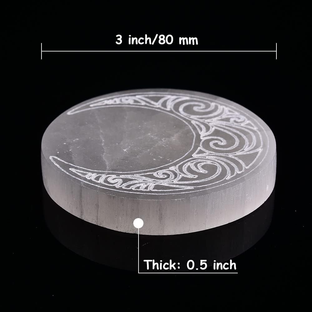JIC Gem Placa de carga de selenita grabada con luna de 3 pulgadas, losa de selenita grabada, pequeña estación de carga de cristal curativo