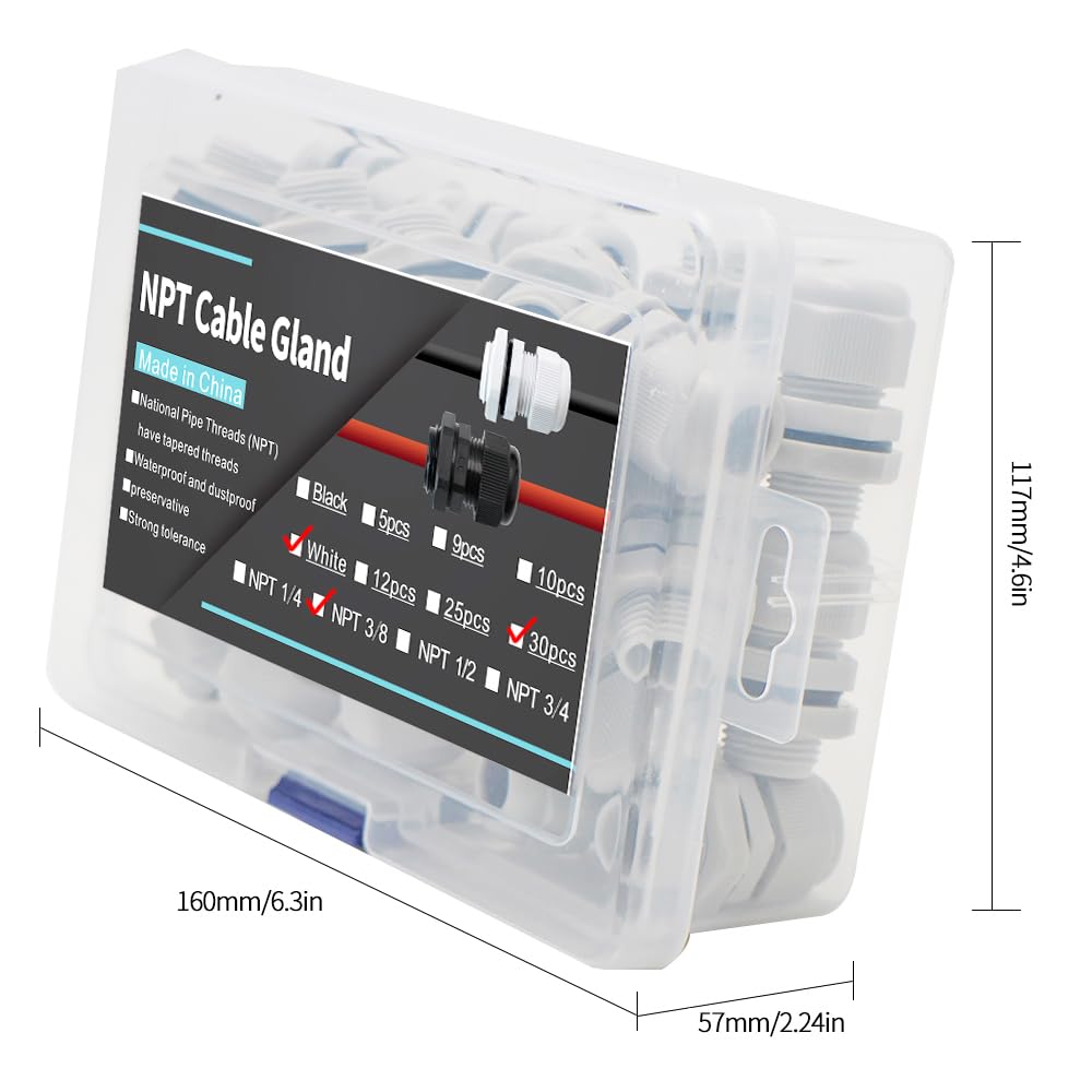 Accesorios de prensaestopas de cable impermeables NPT de 38 pulgadas – Plástico de nailon PA66, contratuerca ajustable impermeable IP68 para