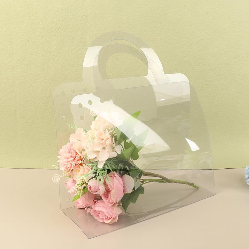 YAMSLAM Caja de flores transparente con asa Bolsas de embalaje de flores portátiles regalo Contatiner bolso de boda rosa envoltura caja de regalo de